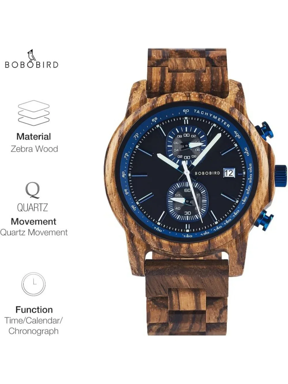 Men's Blue Analog Quartz Ultra-Light Luminous Chronograph Casual Wooden Watch